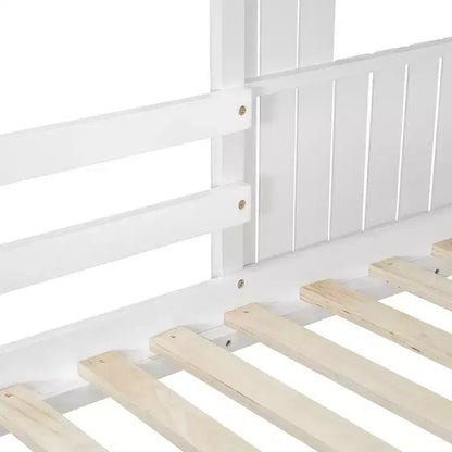 Wooden Twin over Full House Bunk Bed with Roof, Bunk Bed Frame Floor Playhouse Bed For Kids