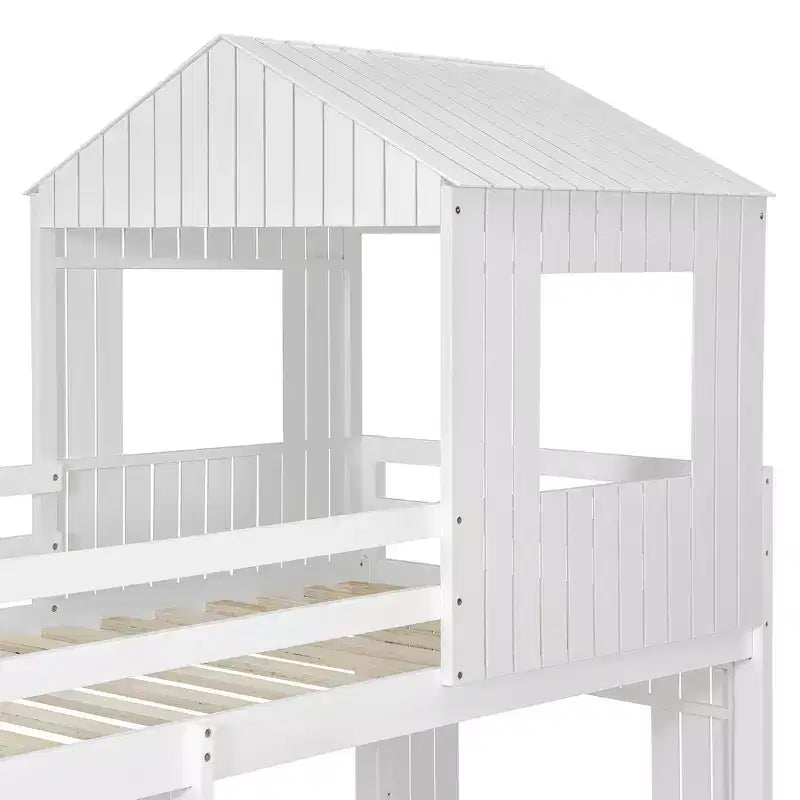 Wooden Twin over Full House Bunk Bed with Roof, Bunk Bed Frame Floor Playhouse Bed For Kids
