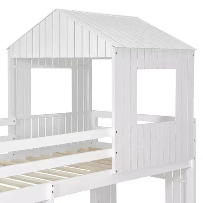 Wooden Twin over Full House Bunk Bed with Roof, Bunk Bed Frame Floor Playhouse Bed For Kids