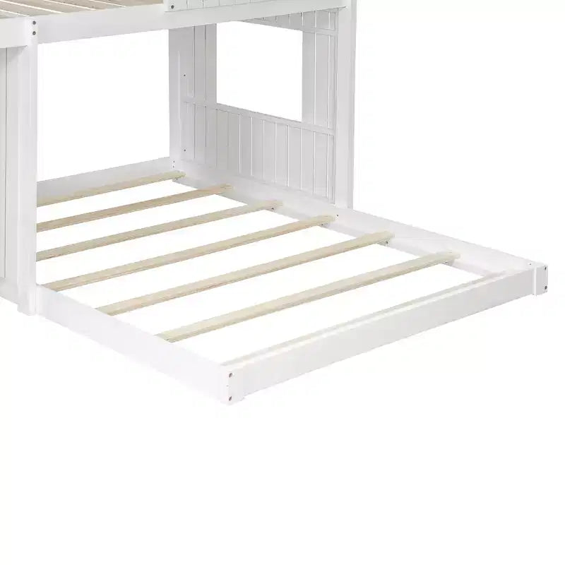 Wooden Twin over Full House Bunk Bed with Roof, Bunk Bed Frame Floor Playhouse Bed For Kids