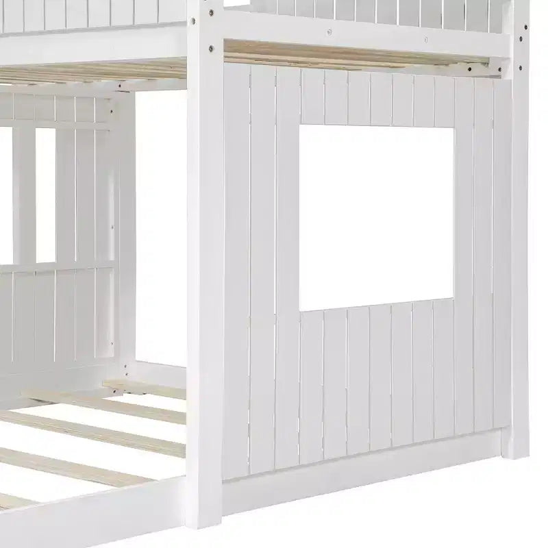 Wooden Twin over Full House Bunk Bed with Roof, Bunk Bed Frame Floor Playhouse Bed For Kids