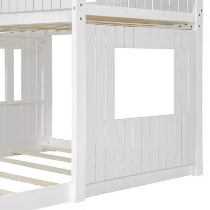 Wooden Twin over Full House Bunk Bed with Roof, Bunk Bed Frame Floor Playhouse Bed For Kids