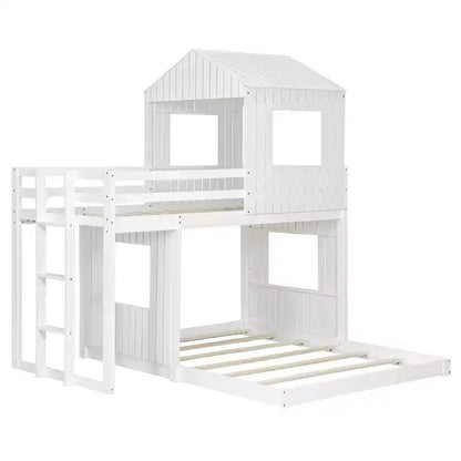 Wooden Twin over Full House Bunk Bed with Roof, Bunk Bed Frame Floor Playhouse Bed For Kids