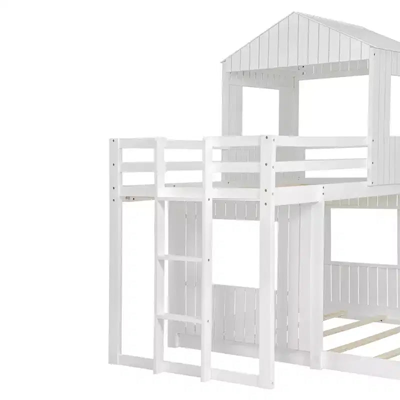 Wooden Twin over Full House Bunk Bed with Roof, Bunk Bed Frame Floor Playhouse Bed For Kids