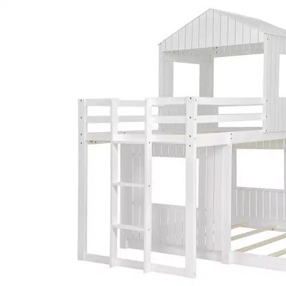 Wooden Twin over Full House Bunk Bed with Roof, Bunk Bed Frame Floor Playhouse Bed For Kids
