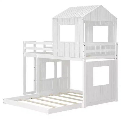 Wooden Twin over Full House Bunk Bed with Roof, Bunk Bed Frame Floor Playhouse Bed For Kids