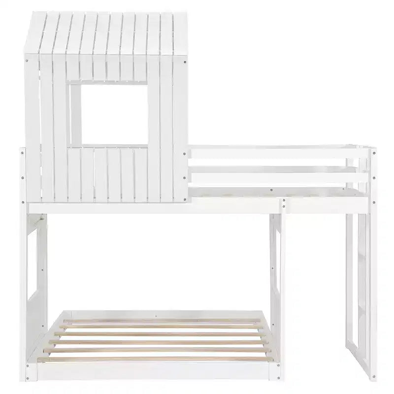 Wooden Twin over Full House Bunk Bed with Roof, Bunk Bed Frame Floor Playhouse Bed For Kids