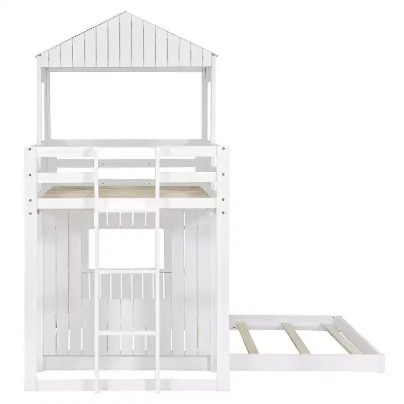 Wooden Twin over Full House Bunk Bed with Roof, Bunk Bed Frame Floor Playhouse Bed For Kids