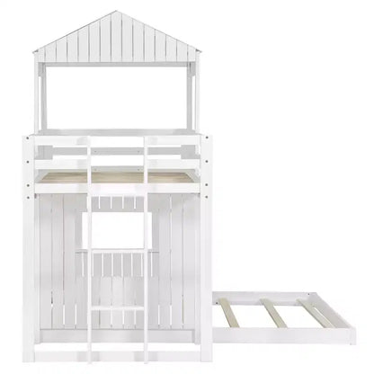 Wooden Twin over Full House Bunk Bed with Roof, Bunk Bed Frame Floor Playhouse Bed For Kids