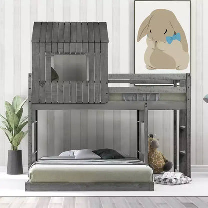 Wooden Twin over Full House Bunk Bed with Roof, Bunk Bed Frame Floor Playhouse Bed For Kids