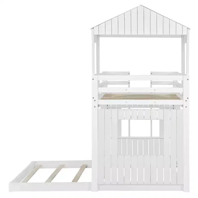 Wooden Twin over Full House Bunk Bed with Roof, Bunk Bed Frame Floor Playhouse Bed For Kids