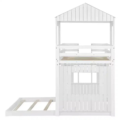 Wooden Twin over Full House Bunk Bed with Roof, Bunk Bed Frame Floor Playhouse Bed For Kids