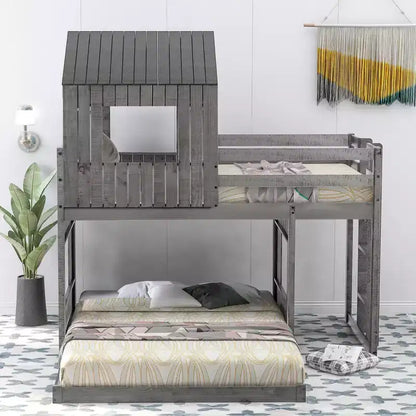 Wooden Twin over Full House Bunk Bed with Roof, Bunk Bed Frame Floor Playhouse Bed For Kids