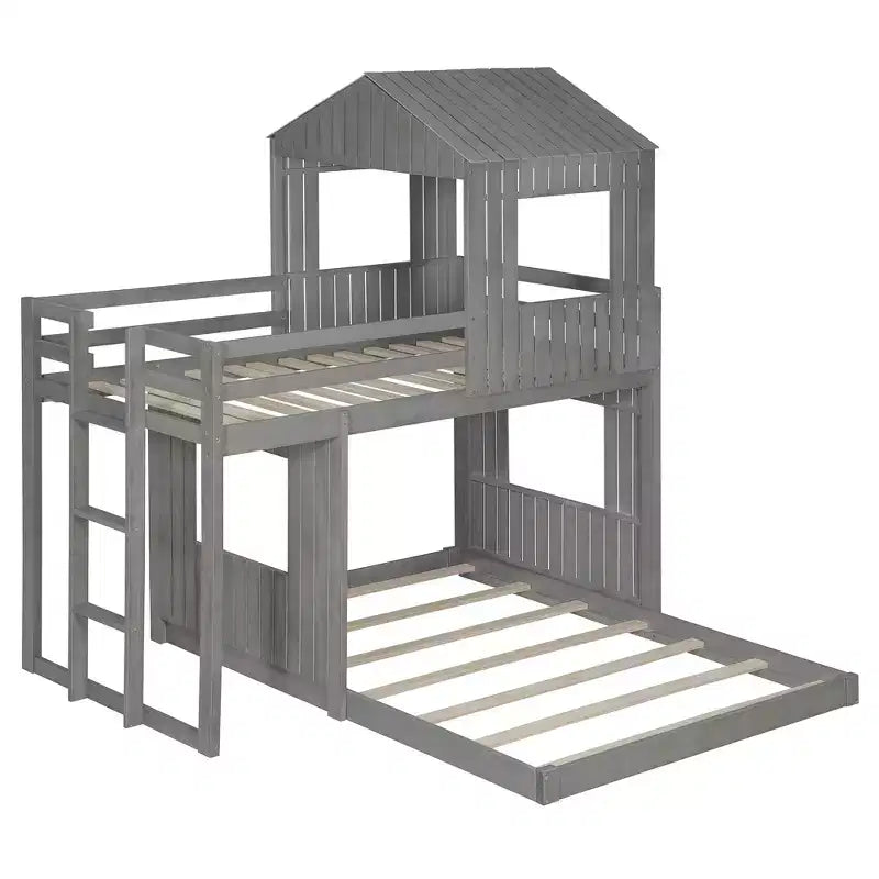 Wooden Twin over Full House Bunk Bed with Roof, Bunk Bed Frame Floor Playhouse Bed For Kids