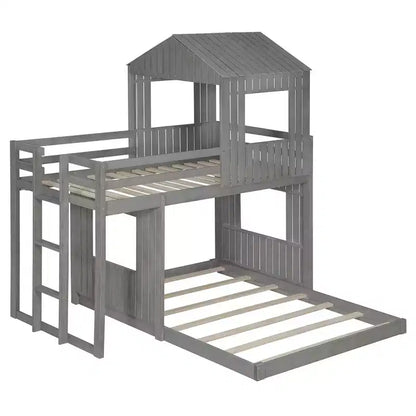 Wooden Twin over Full House Bunk Bed with Roof, Bunk Bed Frame Floor Playhouse Bed For Kids