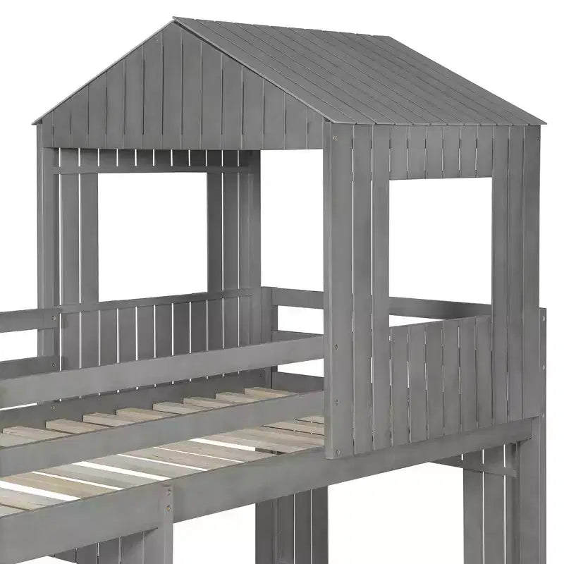 Wooden Twin over Full House Bunk Bed with Roof, Bunk Bed Frame Floor Playhouse Bed For Kids
