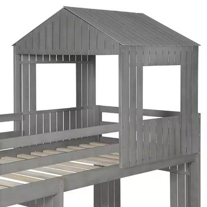Wooden Twin over Full House Bunk Bed with Roof, Bunk Bed Frame Floor Playhouse Bed For Kids