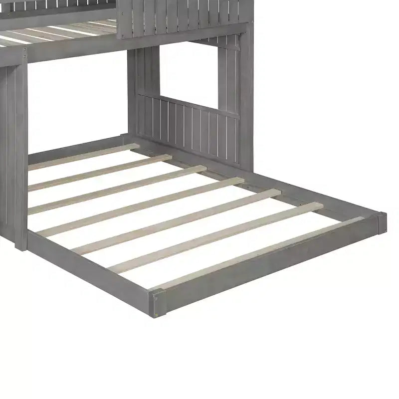 Wooden Twin over Full House Bunk Bed with Roof, Bunk Bed Frame Floor Playhouse Bed For Kids