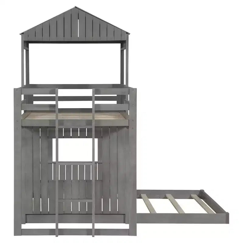 Wooden Twin over Full House Bunk Bed with Roof, Bunk Bed Frame Floor Playhouse Bed For Kids