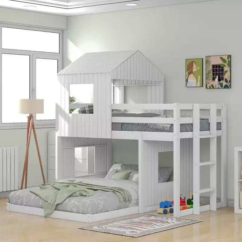 Wooden Twin over Full House Bunk Bed with Roof, Bunk Bed Frame Floor Playhouse Bed For Kids