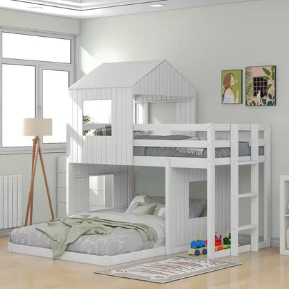 Wooden Twin over Full House Bunk Bed with Roof, Bunk Bed Frame Floor Playhouse Bed For Kids