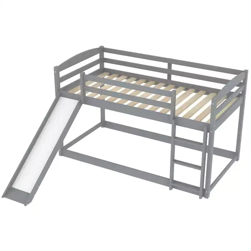 Low Bunk Bed with Slide, Twin over Twin Bunk Bed with Convertible Slide and Ladder, Kids Floor Bunk Bed Frame