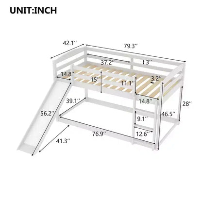 Low Bunk Bed with Slide, Twin over Twin Bunk Bed with Convertible Slide and Ladder, Kids Floor Bunk Bed Frame