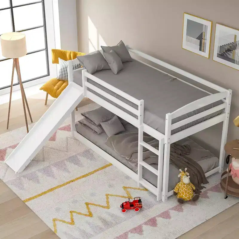Low Bunk Bed with Slide, Twin over Twin Bunk Bed with Convertible Slide and Ladder, Kids Floor Bunk Bed Frame
