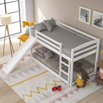 Low Bunk Bed with Slide, Twin over Twin Bunk Bed with Convertible Slide and Ladder, Kids Floor Bunk Bed Frame