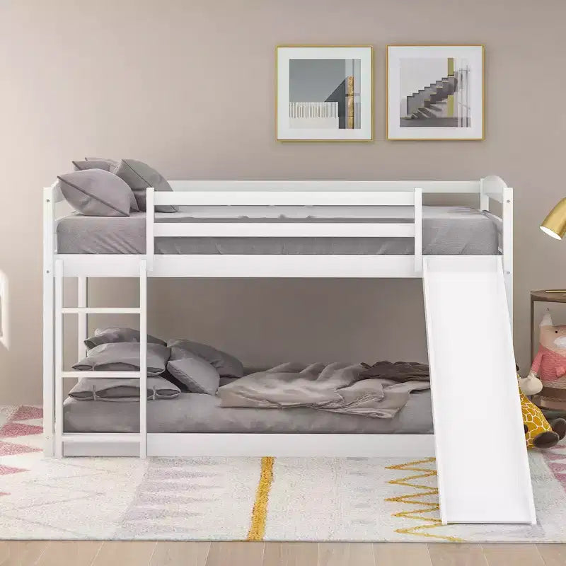 Low Bunk Bed with Slide, Twin over Twin Bunk Bed with Convertible Slide and Ladder, Kids Floor Bunk Bed Frame