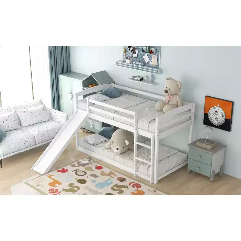 Low Bunk Bed with Slide, Twin over Twin Bunk Bed with Convertible Slide and Ladder, Kids Floor Bunk Bed Frame