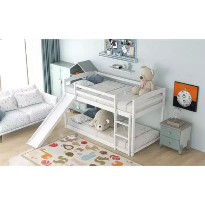 Low Bunk Bed with Slide, Twin over Twin Bunk Bed with Convertible Slide and Ladder, Kids Floor Bunk Bed Frame