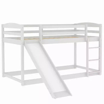 Low Bunk Bed with Slide, Twin over Twin Bunk Bed with Convertible Slide and Ladder, Kids Floor Bunk Bed Frame