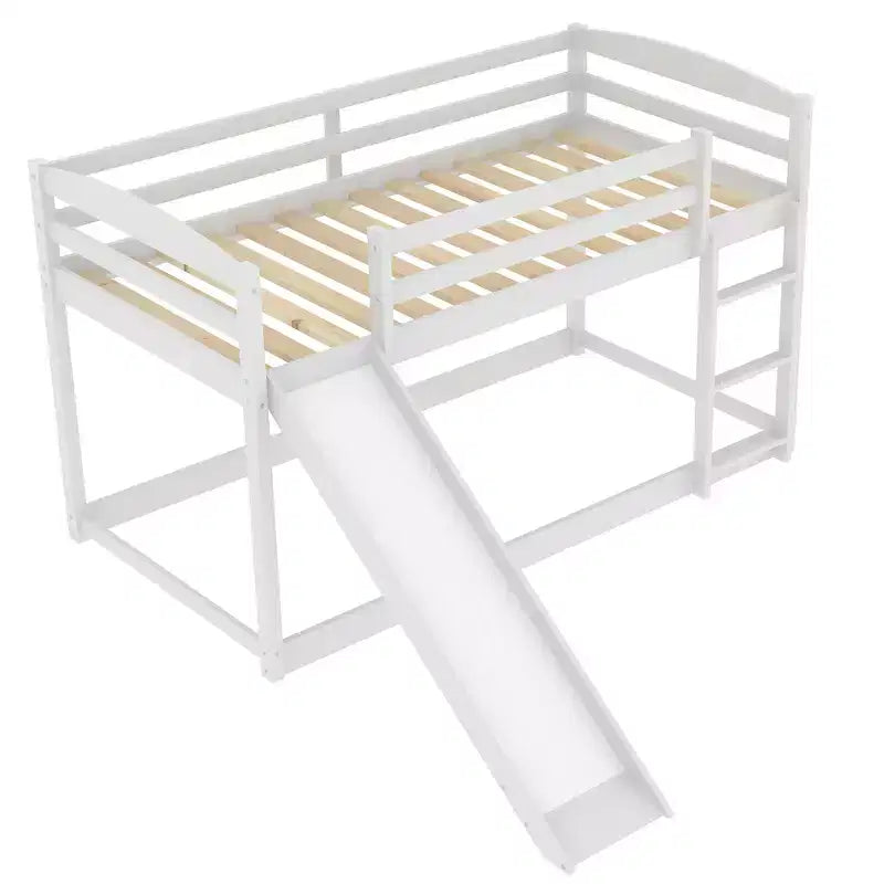 Low Bunk Bed with Slide, Twin over Twin Bunk Bed with Convertible Slide and Ladder, Kids Floor Bunk Bed Frame