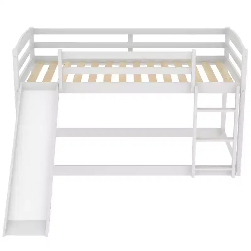 Low Bunk Bed with Slide, Twin over Twin Bunk Bed with Convertible Slide and Ladder, Kids Floor Bunk Bed Frame