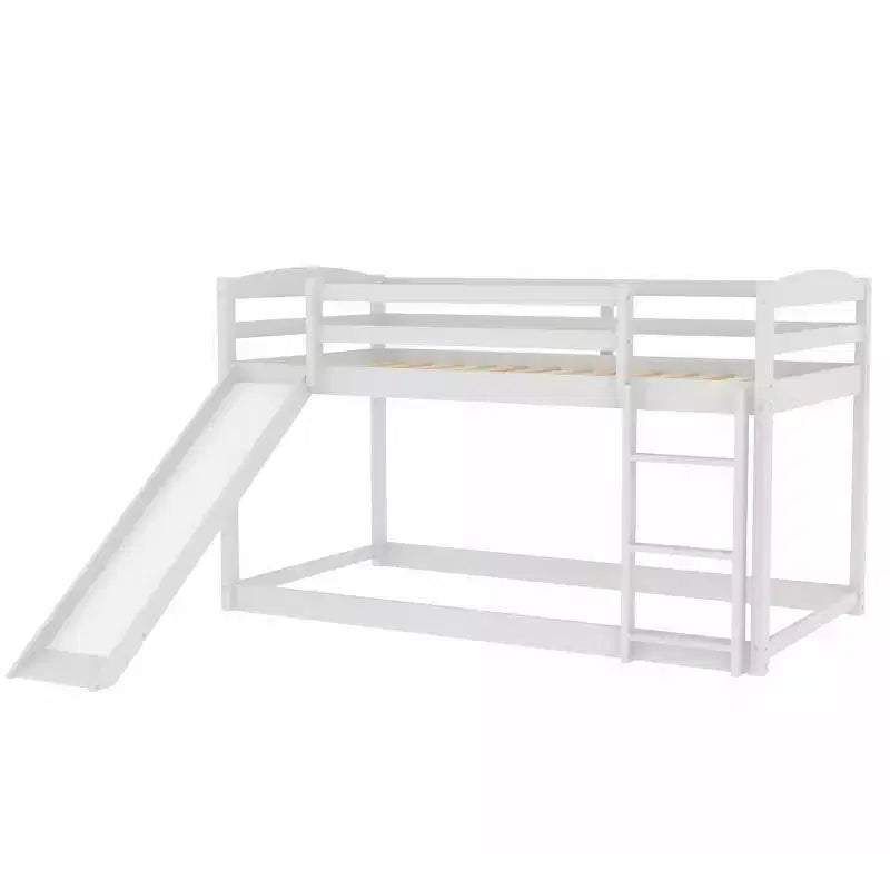 Low Bunk Bed with Slide, Twin over Twin Bunk Bed with Convertible Slide and Ladder, Kids Floor Bunk Bed Frame