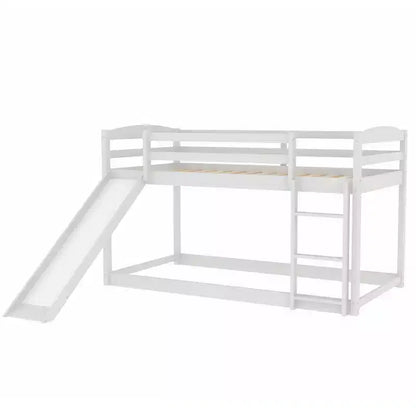 Low Bunk Bed with Slide, Twin over Twin Bunk Bed with Convertible Slide and Ladder, Kids Floor Bunk Bed Frame