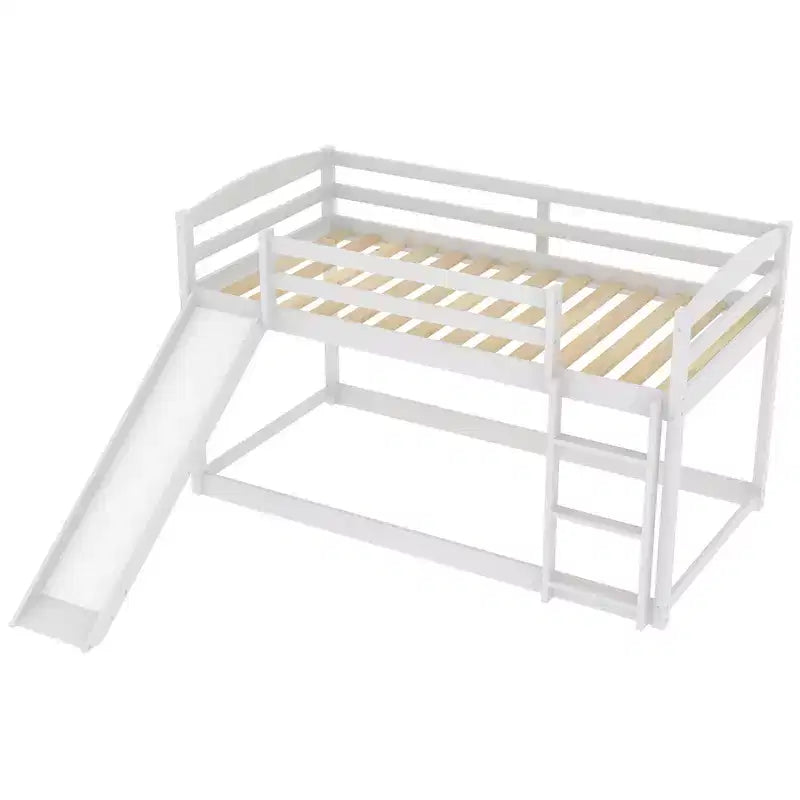 Low Bunk Bed with Slide, Twin over Twin Bunk Bed with Convertible Slide and Ladder, Kids Floor Bunk Bed Frame