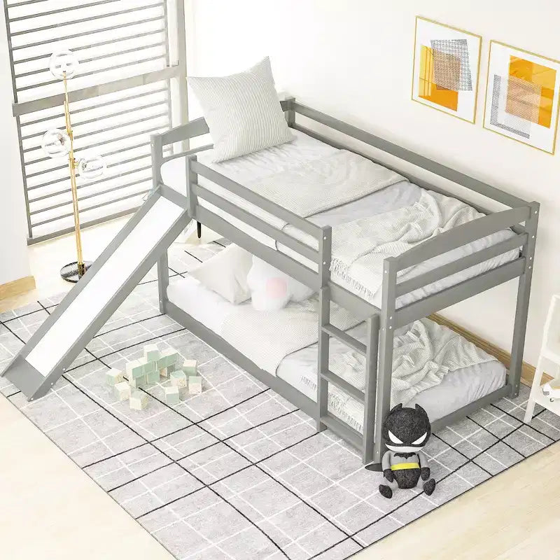 Low Bunk Bed with Slide, Twin over Twin Bunk Bed with Convertible Slide and Ladder, Kids Floor Bunk Bed Frame