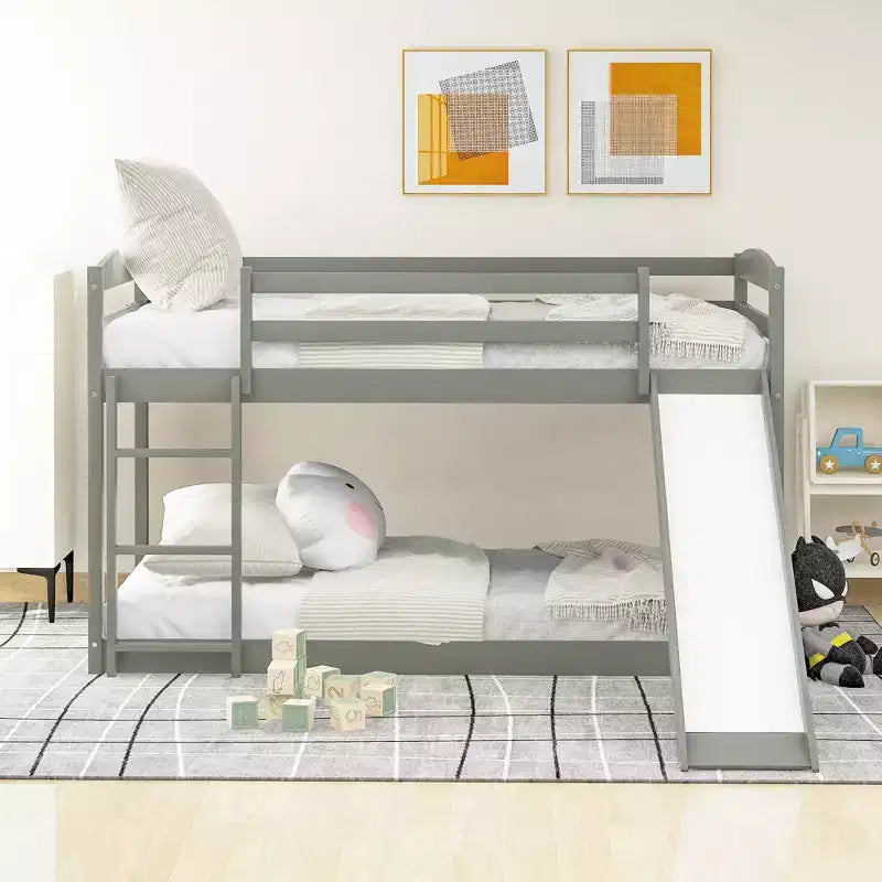 Low Bunk Bed with Slide, Twin over Twin Bunk Bed with Convertible Slide and Ladder, Kids Floor Bunk Bed Frame