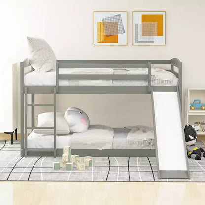 Low Bunk Bed with Slide, Twin over Twin Bunk Bed with Convertible Slide and Ladder, Kids Floor Bunk Bed Frame