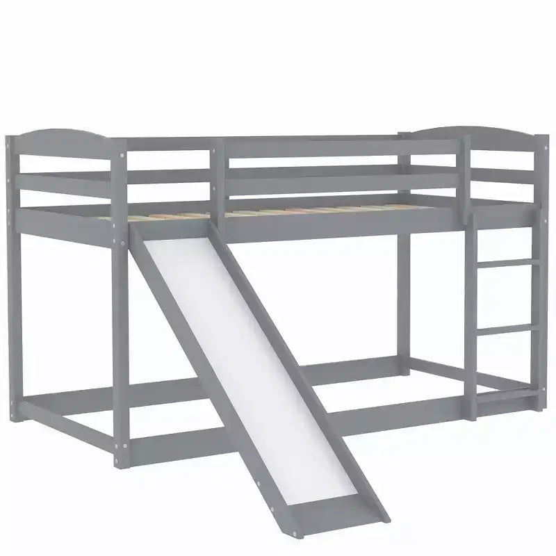 Low Bunk Bed with Slide, Twin over Twin Bunk Bed with Convertible Slide and Ladder, Kids Floor Bunk Bed Frame