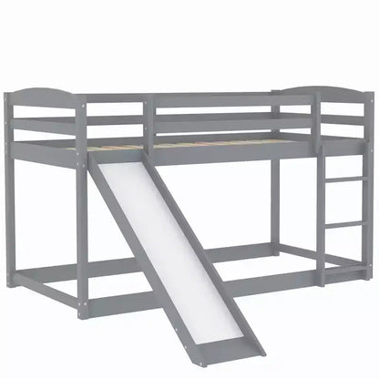 Low Bunk Bed with Slide, Twin over Twin Bunk Bed with Convertible Slide and Ladder, Kids Floor Bunk Bed Frame
