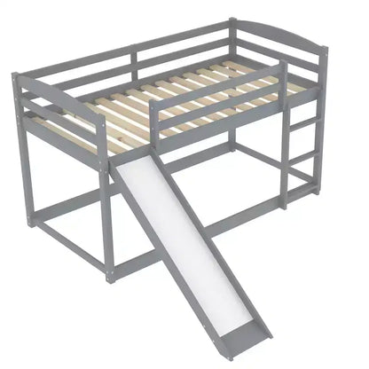 Low Bunk Bed with Slide, Twin over Twin Bunk Bed with Convertible Slide and Ladder, Kids Floor Bunk Bed Frame