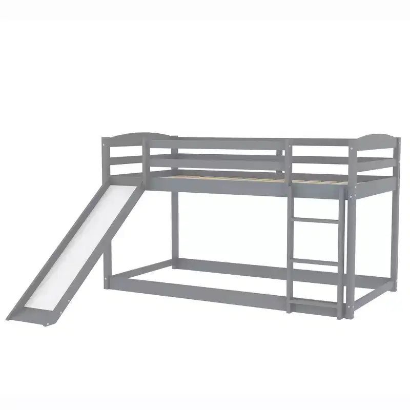 Low Bunk Bed with Slide, Twin over Twin Bunk Bed with Convertible Slide and Ladder, Kids Floor Bunk Bed Frame