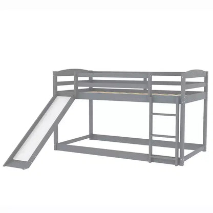Low Bunk Bed with Slide, Twin over Twin Bunk Bed with Convertible Slide and Ladder, Kids Floor Bunk Bed Frame