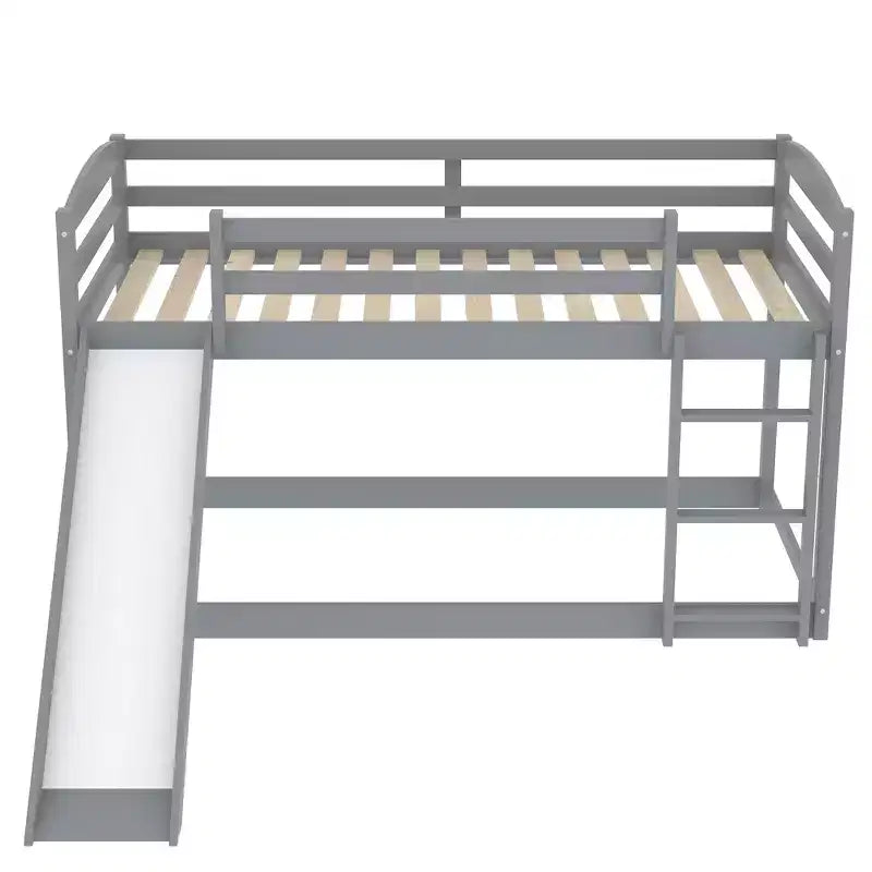 Low Bunk Bed with Slide, Twin over Twin Bunk Bed with Convertible Slide and Ladder, Kids Floor Bunk Bed Frame
