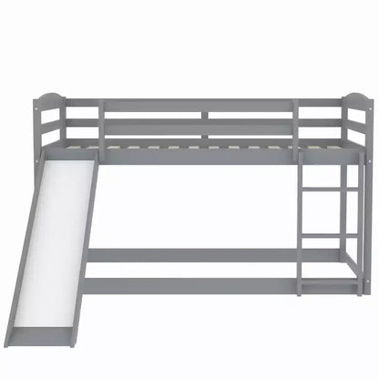 Low Bunk Bed with Slide, Twin over Twin Bunk Bed with Convertible Slide and Ladder, Kids Floor Bunk Bed Frame
