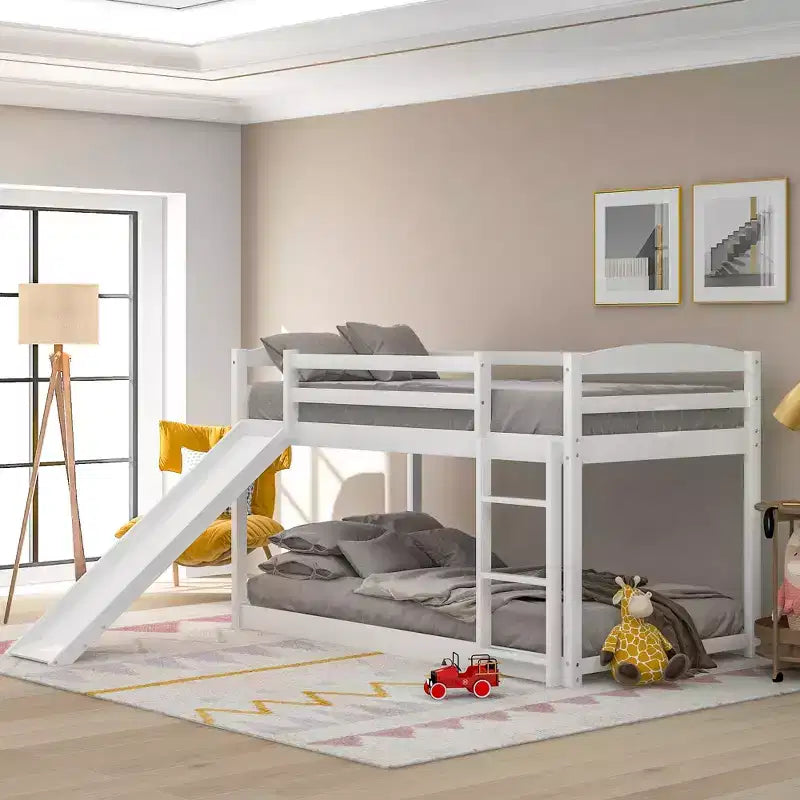 Low Bunk Bed with Slide, Twin over Twin Bunk Bed with Convertible Slide and Ladder, Kids Floor Bunk Bed Frame