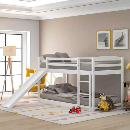 Low Bunk Bed with Slide, Twin over Twin Bunk Bed with Convertible Slide and Ladder, Kids Floor Bunk Bed Frame